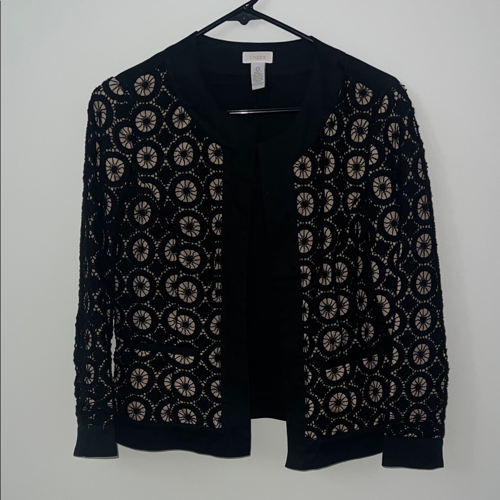 Chico's Black and Cream Patterned Cardigan